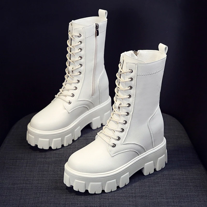Womens Round Toe Ankel Martin Boots Lace Up Platform Wedeg Hidden Heel Warm Winter Punk Motorcycle Shoes New 3Colors A1810