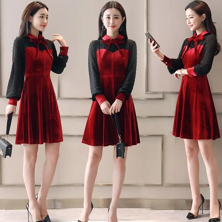 

2019 New Style Women's Spring Fold-down Collar Pullover Joint Long Sleeve Elegant Elegant Fashionable Mid-length Skirt Fashion D