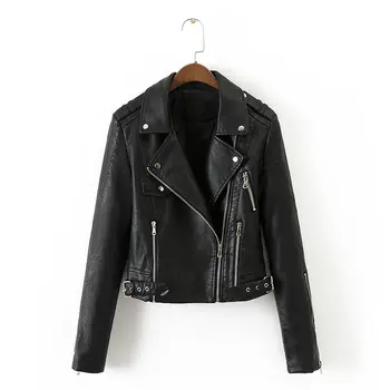 

women cool motor PU jacket 2019 fashion girls black solid turn down collar zippers buttons female autumn winter short jackets