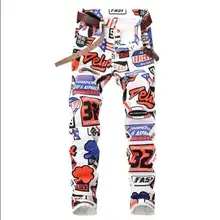 Осенне-зимние мужские тянущиеся джинсы с 3D принтом больших размеров, приталенные Стрейчевые штаны со средней талией, джинсы без пояса J3040