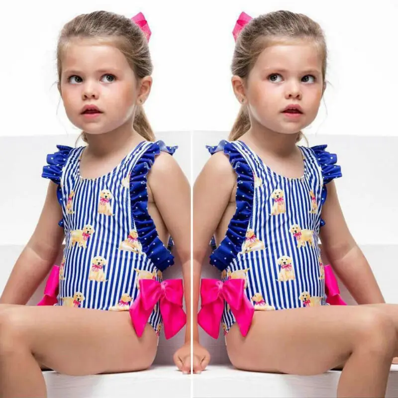 

Toddler Baby Girls Summer Swimsuit Bathing Suit Bow Stripes and Dog Print 1-6Y