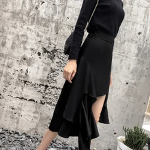 

2021 Women's Summer High Waist Irregular Black Fishtail Skirt Korean Elegant OL All-Match Skirts for Women Solid Chic Bottoms