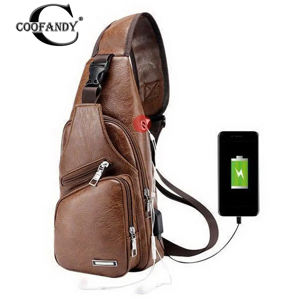 

New Men USB Charging Casual Retro Style Chest Zipper Package Shoulder Zipper One Strap Bag Nylon Solid