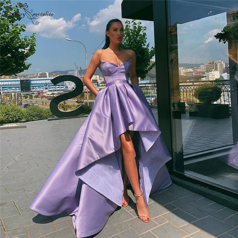 Lavender Королевское синее платье для выпускного вечера с карманами, милое сатиновое вечернее платье на шнуровке Hi-Lo, официальное вечернее платье, vestidos De Festa - Цвет: Lavender