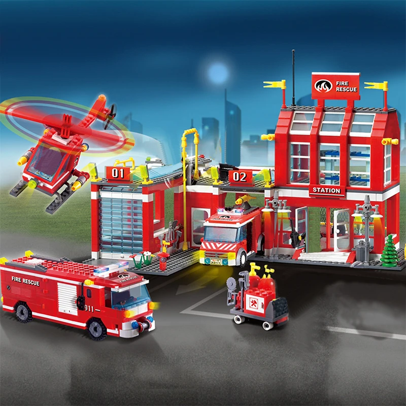 

City Police Fire Station Truck Spray Water Gun Firemen Car Building Blocks Kits Legoes Bricks Model Kids Toys Boys Birthday Gift