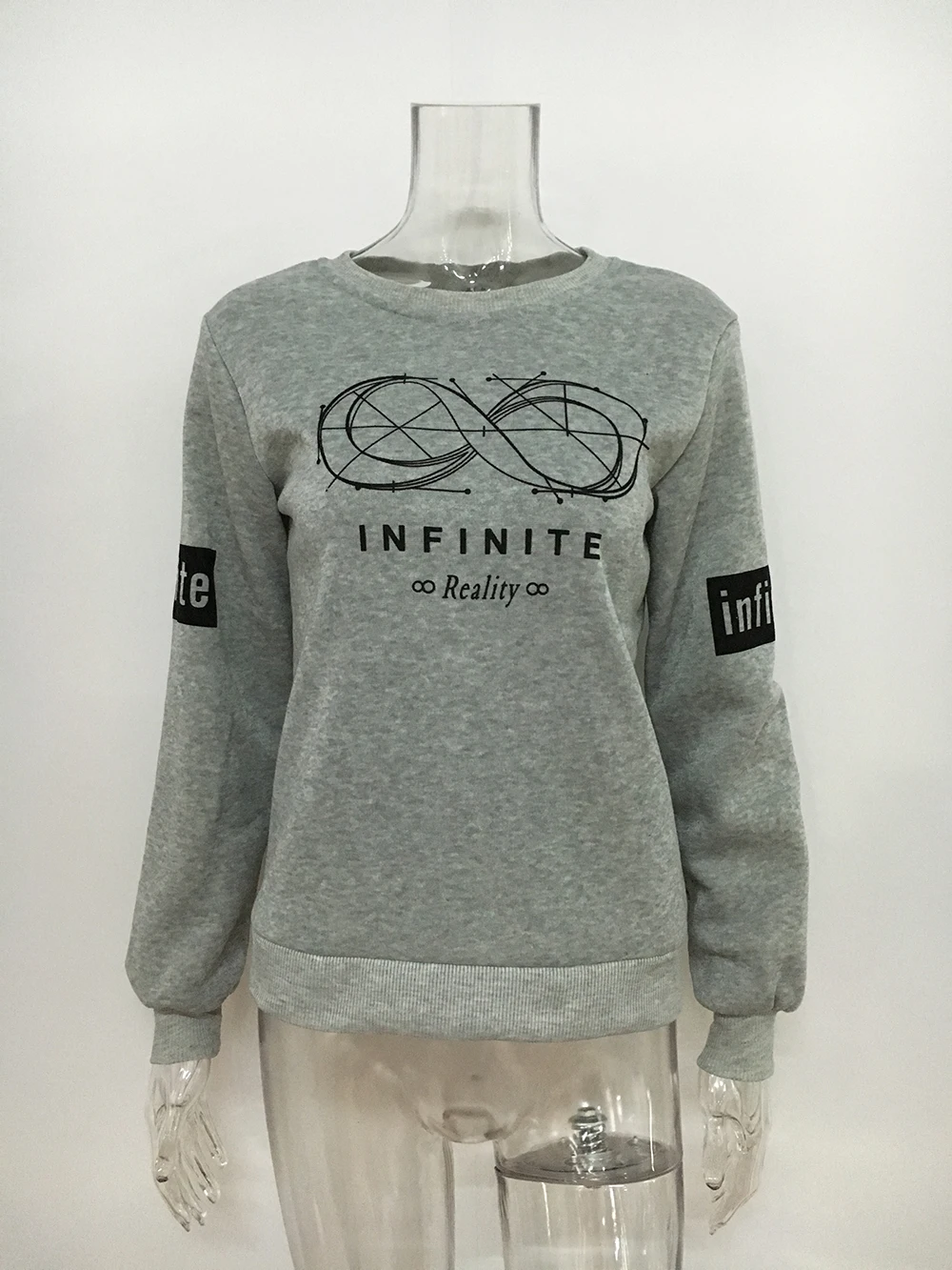 Толстовка с надписью "Infinite" кофты Для женщин Повседневное Kawaii Harajuku модные сапоги в панковском стиле, сапоги для девочек Костюмы европейские Топы в Корейском стиле - Цвет: Серый