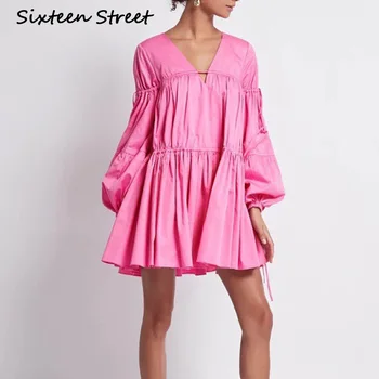 

2020 New Autumn Loose Dress Woman V-neck lantern sleeve pink blue vintage casual fashion mini dress female runway design vestido