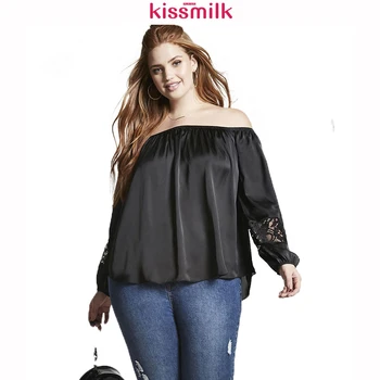 

kissmilk 2020 Plus Size Off-shoulder Solid Black Floral Lace Women Blouses Long Sleeve Sexy Female Clothing Big Size Lady Shirts