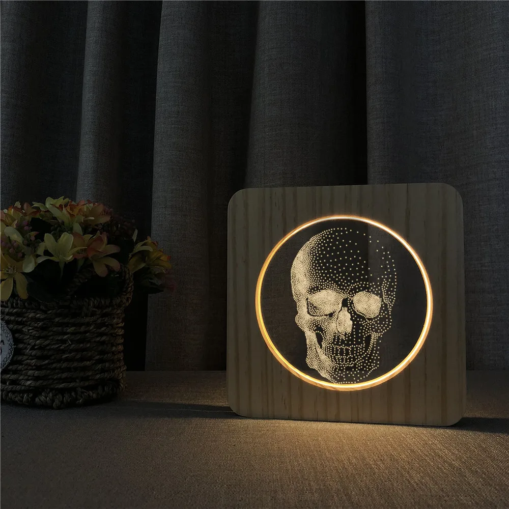 Cabeça do Crânio Candeeiro de Mesa Lâmpada de Controle Interruptor de Luz para o Quarto das Crianças Arylic Noite Escultura Decoração Dropshipping 3d Usb Led