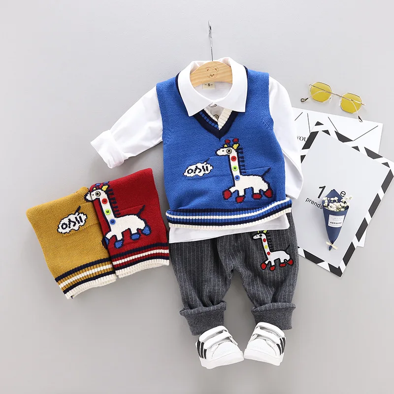 

2019 Spring BOY'S Fashion Spring And Autumn Male Baby cai kou Deer Knit Yarn Vest Three-piece Set-