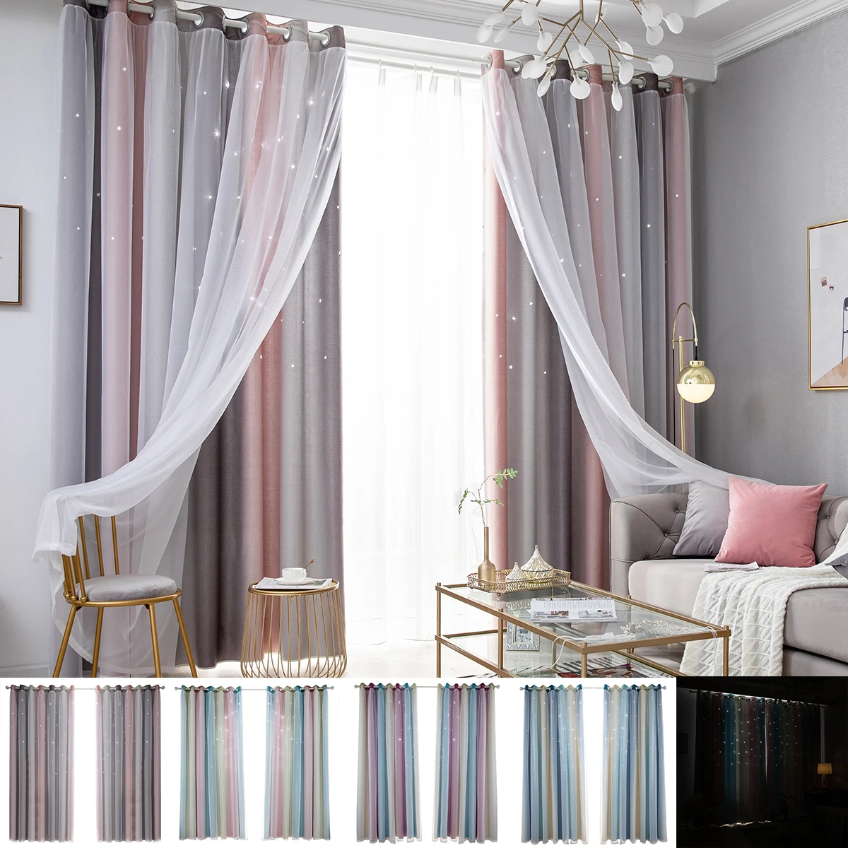 

Window Curtain Ombre Yarn Overlay Panel Double-Layer Drapes Star Cut Out Curtain Eyelet Living room Decor Curtain 132x270cm D30