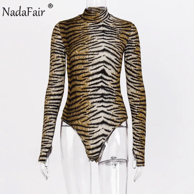 Nadafair тигр леопард сексуальный обтягивающий боди для женщин Водолазка Осень Зима с длинным рукавом боди женские топы - Цвет: Tiger