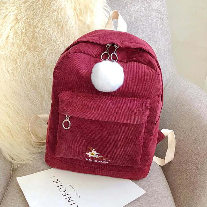 Ретро школьный рюкзак для девочек, простой дизайн, ранец, большой размер, сумка через плечо, Женский бархатный рюкзак, женская сумка для путешествий с помпонами