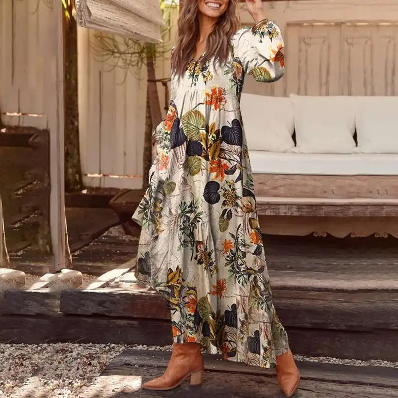 Autumn Long Sleeve Long Maxi Dress WomenPlaid Dress ZANZEA 2020 Casual Summer Sundress Loose Fashion Vestidos Party Robe