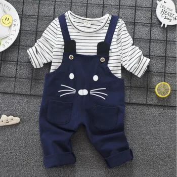 

JIOROMY Kids Clothing Set 2019 Fashion Korean Version Children's Stripe Cartoon T-shirt + Cartoon Straps Pants Boys Clothes Suit