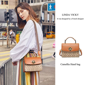 

2020New Camellia Lock Shoulder Bag French Fashion Women Retro Small Square Bag Senior Elegant Handbag Lady Printed Crossbody Bag