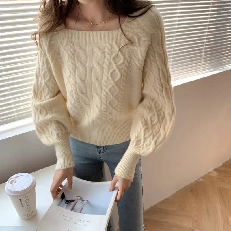 

Vintage Square Neck Pullover Sweater Women Retro Thickened Twist Sweater Winter Loose Outerwear Bottomed Knitted Top Jumpers
