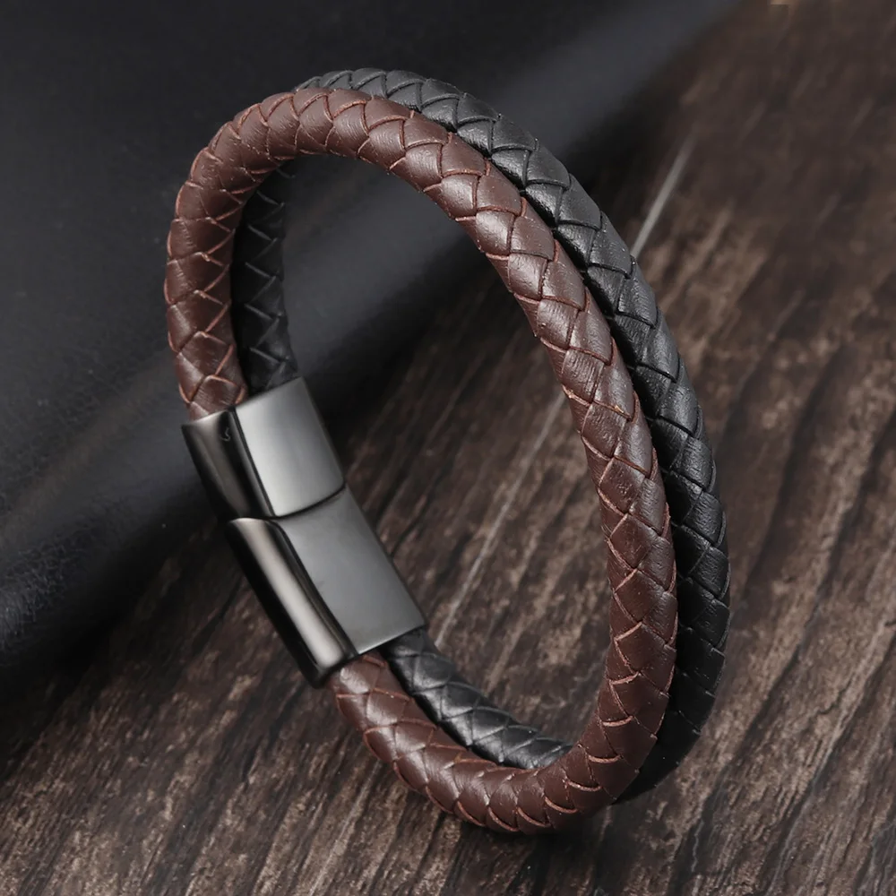 

DIY Combination Custom Stainless Steel Men's Leather Bracelet High Quality Magnet Button Multicolor Choice For Handsome Boy Gift