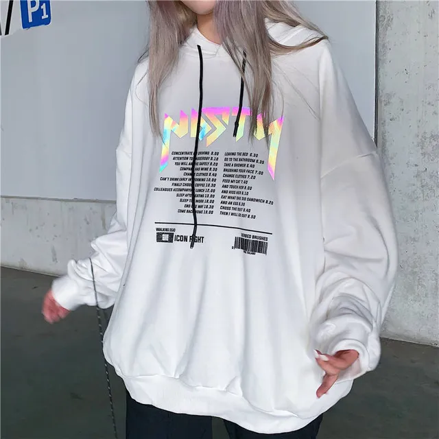 US $13.70 Hoodies autumn letter print women reflective Hoodies Sweatshirts Casual Loose Long Sleeve Tracksuit