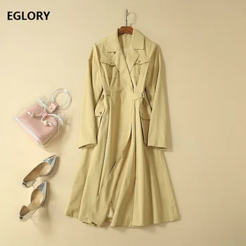 

High Quality Trench Dress 2019 Autumn Casual Work Dress Women Turn-down Collar Chest Pocket Patchwork Medium Long Coat Outerwear