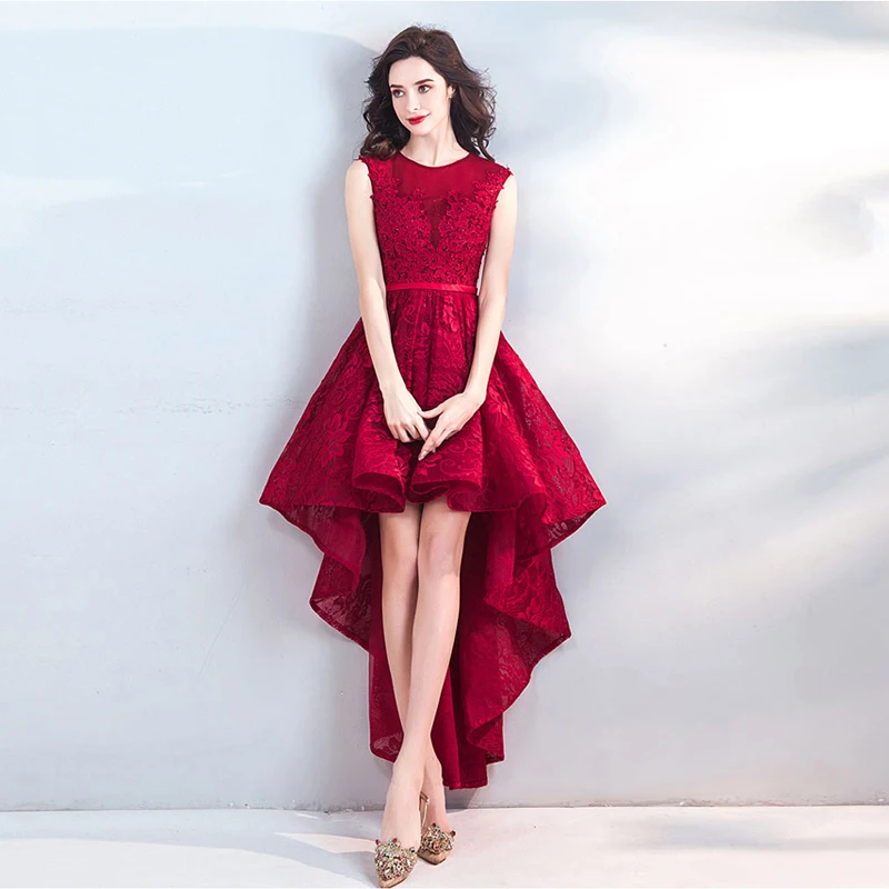 

New Wine Red Short Front Long Back Evening Dress Sexy O Neck Plus Size Custom Made Lace Up Party Evening Dress Robe De Soiree