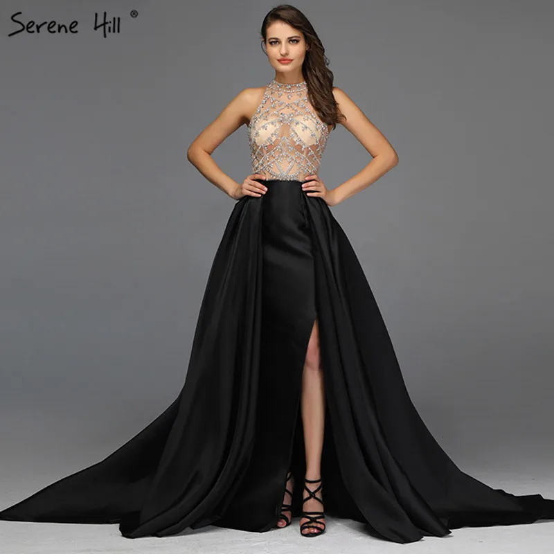 Сексуальное сатиновое вечернее платье черного цвета с бриллиантами, Дизайн Дубай, роскошные вечерние платья без рукавов Serene Хилл LA60972