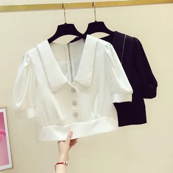 

Fashion Design Button Women Shrits 2020 Summer New Lantern Sleeved Turn-Down Collar Short High Waist Solid Lady Elegant Outwears