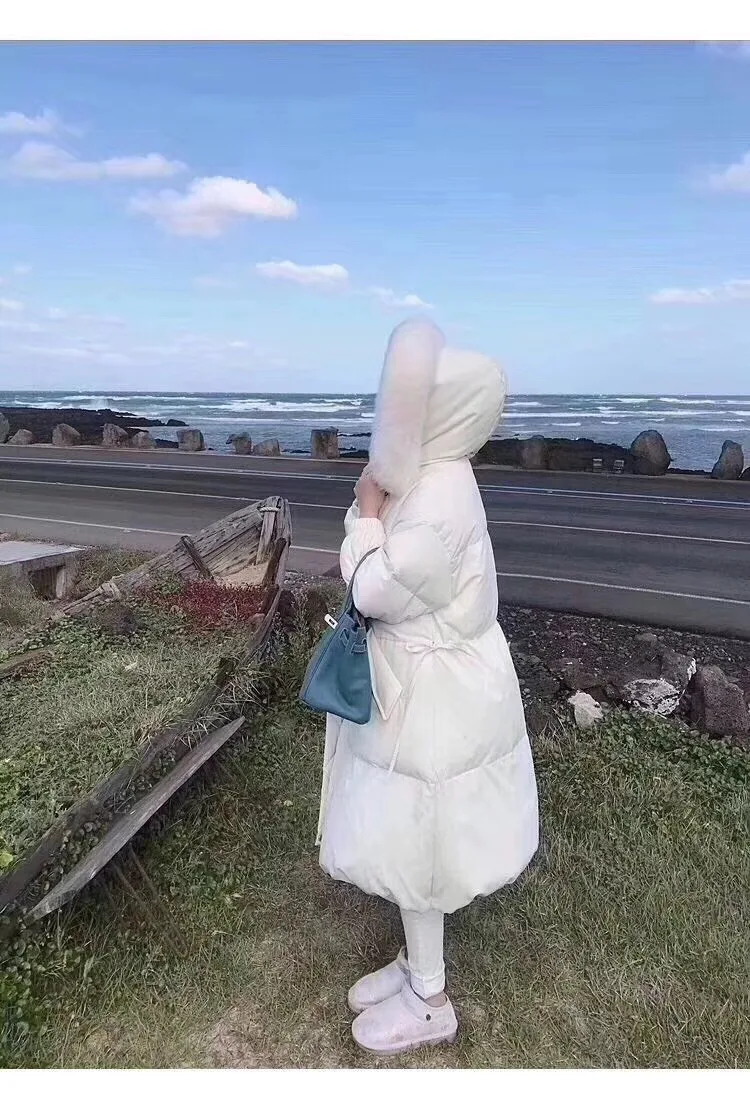 Женский пуховик, Зимний стиль, средней длины, корейский стиль, элегантное, для поездок, ультра большой меховой воротник, теплое пальто