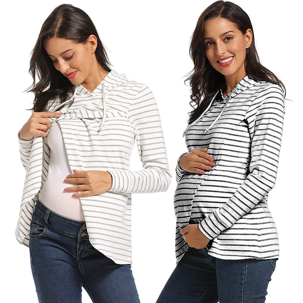 Зимняя одежда для грудного вскармливания для беременных; свитер для беременных; толстовка с капюшоном в полоску для беременных женщин;
