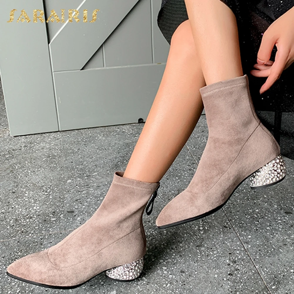 

Sarairis Pointed Toe Ankle Boots Kid Suede Shoes Women Fashion Zipper Strange Crystals Med Heels Ankle Boots Female