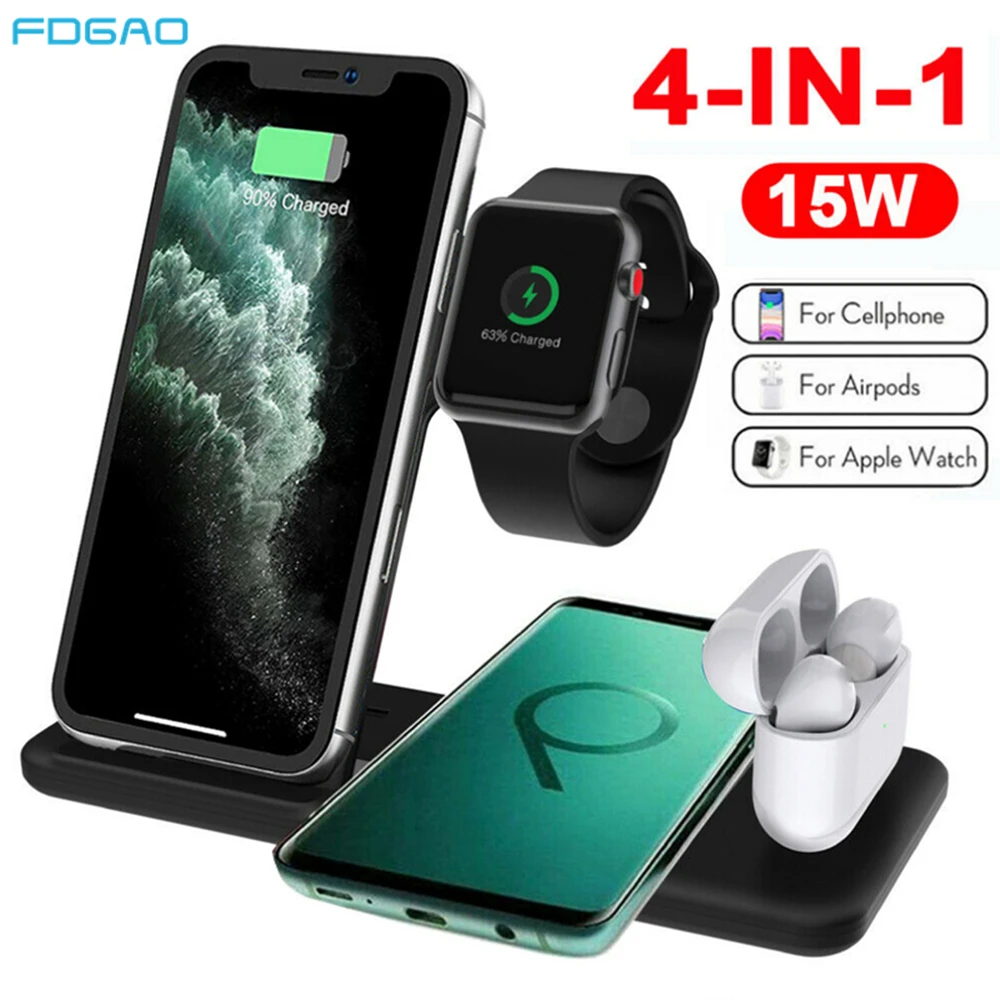 FDGAO 4 in 1 wireless Charging Dock for Apple Watch 6 5 4 3 AirPods Qi 15W Fast Charger Charging Station for iPhone 12 11 XS XR
