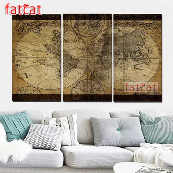 

FATCAT Vintage world map Large triptych 5D Diy Diamond Painting full mosaic diamond Embroidery Sale Wall Decoration AE1902