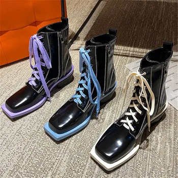

2020 Western Style Tide Brand Leather Retro Ankle Boots Square Toe Cowhide Women Shoes Handsome Fall Winter Short Booties 5.5cm