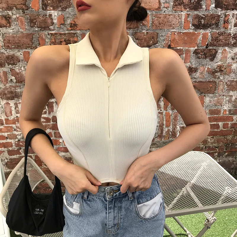 Collar Front Zipper Tank Tops Women Sleeveless Slim Elastic Crop Tops  Knitted Cotton Lady Summer Casual Tops|T-Shirts| - AliExpress