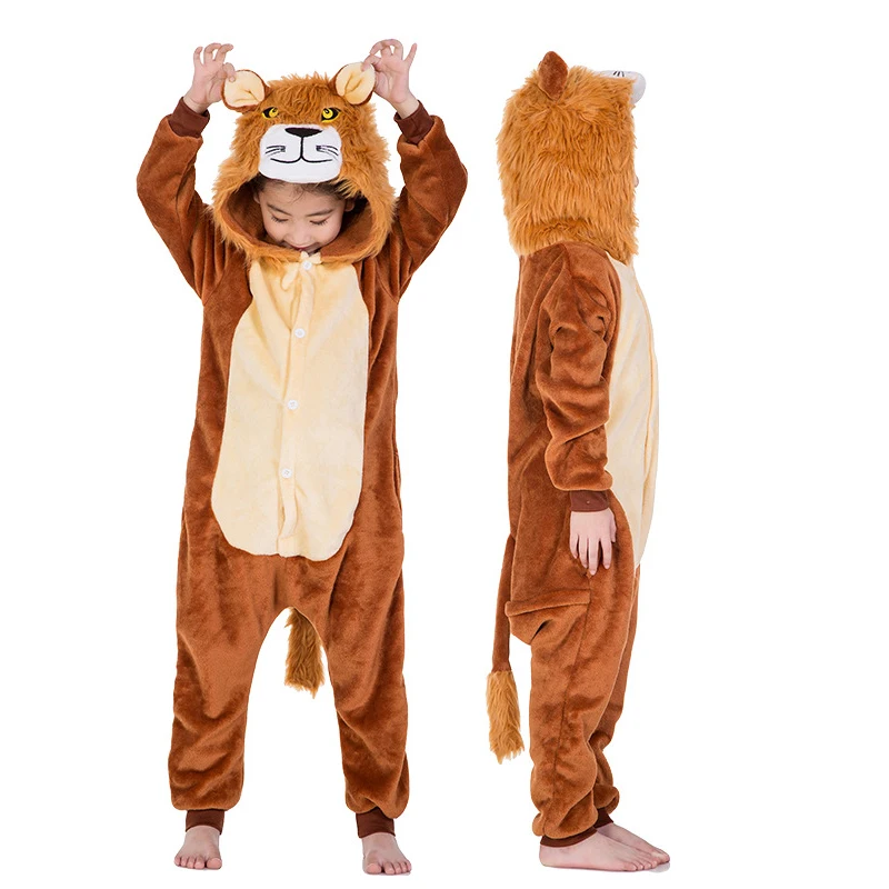 Cartoon Lion Baby Boys Pajamas Girls Hoodie Flannel Sleepwear Cute Cosplay Pajamas Costume Onesies For Kids Baby Party Bodysuit