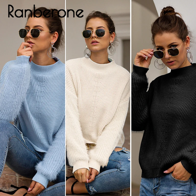 Ranberone Wome Knitted Sweaters Pullovers Women White Blue Long Sleeve Solid Jumper Female Turtleneck Fuzzy Warm Winter Sweaters Ranberone Wome Knitted Sweaters Pullovers Women White Blue Long Sleeve Solid Jumper Female Turtleneck Fuzzy Warm Winter Sweaters