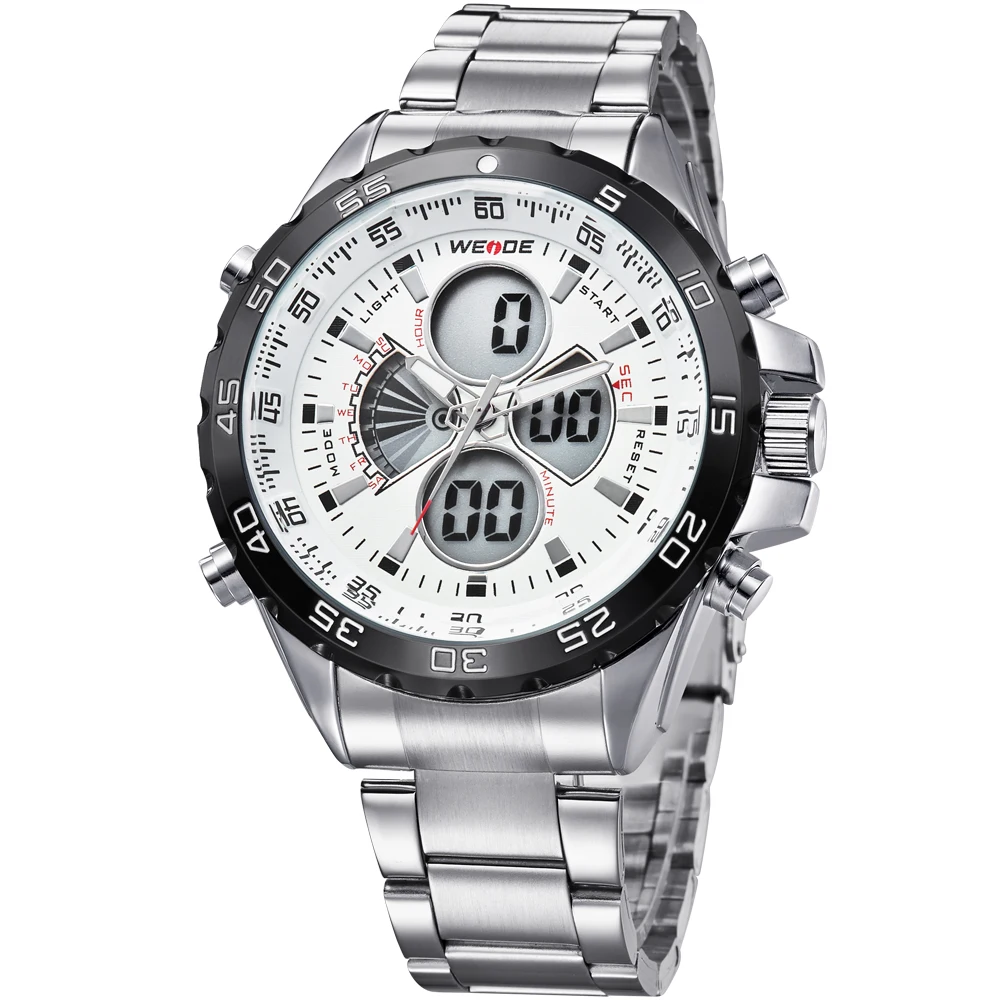 Слоновая кость WEIDE WH1103 часы Два Движения Мужские t кварцевые двойной дисплей электронные мужские часы 3ATM водонепроницаемые ЖК-подсветка Авто Дата День будильник на неделю - Цвет: Слоновая кость