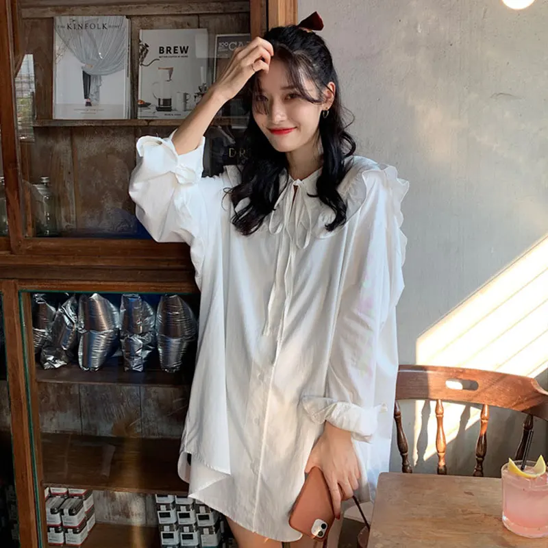 

Woherb Women Oversized Mid-Long Blouse Kawaii Elegant Peter Pan Collar Casual Modis Shirt 2020 Spring Summer Tops Camiseta Mujer