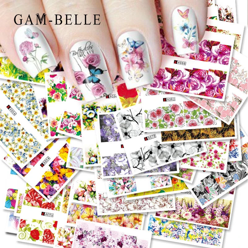 GAM-BELLE 50pcs Mix Colorful Full Nail Flower Art Water Transfer Sticker Sets for Gel Polish Manicure Decals | Красота и здоровье
