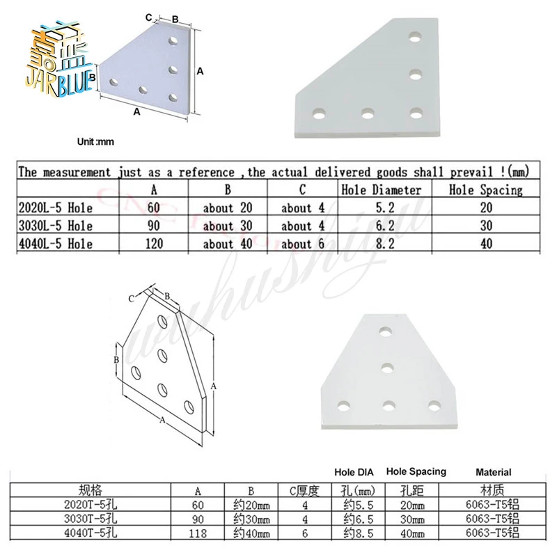 Stainless steel angle bracket Angle connector Angle bracket 2pcs 5 Hole Joint Board Plate Corner Angle Bracket Connection Joint Strip 3030 4040 Aluminum Profile