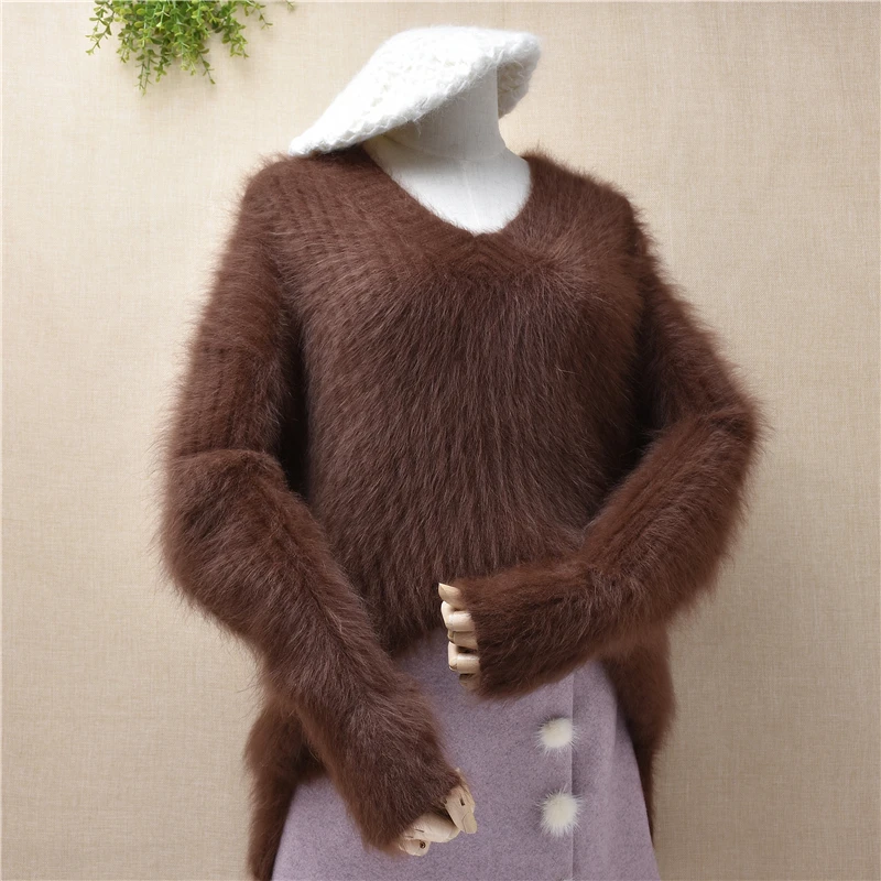 

Spring long hair sable coffee V-neck coarse sand stripe slit thickened Korean loose lazy Pullover women