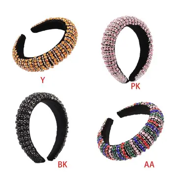 

Baroque Luxury Full Jewelry Wide Hair Hoop Women Colorful Rhinestone Beaded Stripes Headband Delicate Padded Bandana