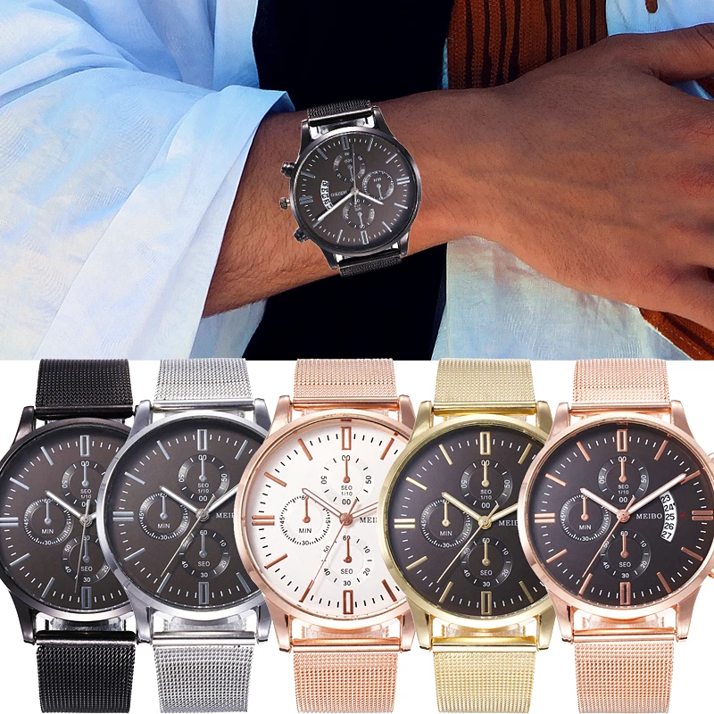 

Luxury Men Watch Alloy Mesh Exquisite Multicolor Calendar Large Dial Male Business Fashion Casual Wrist Watch relógio masculino