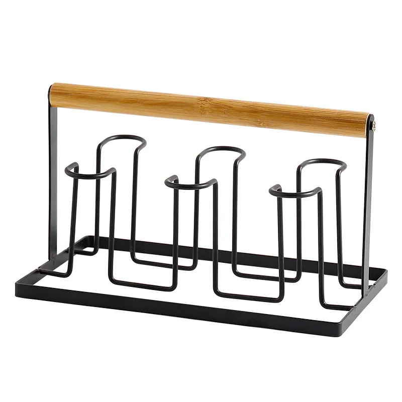 

Cup Drying Rack Stand with Drain Tray Metal Bottle Drying Organizer with Wood Handle for 6 Cups or Mugs (White,Black)