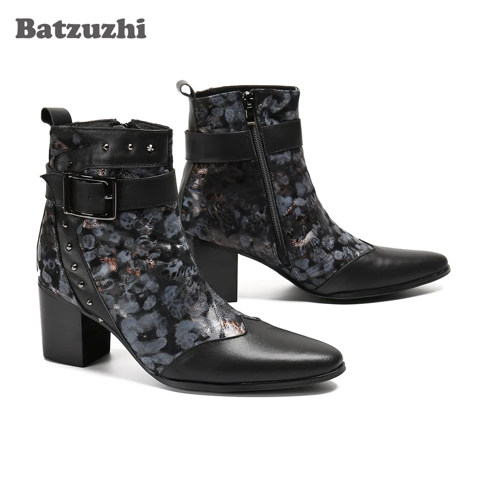 Batzuzhi 7.5CM High Heels Men's Leather Boots Formal Gentlemen Business & Party Leather Ankle Boots Men Bota Masculina, Big Size