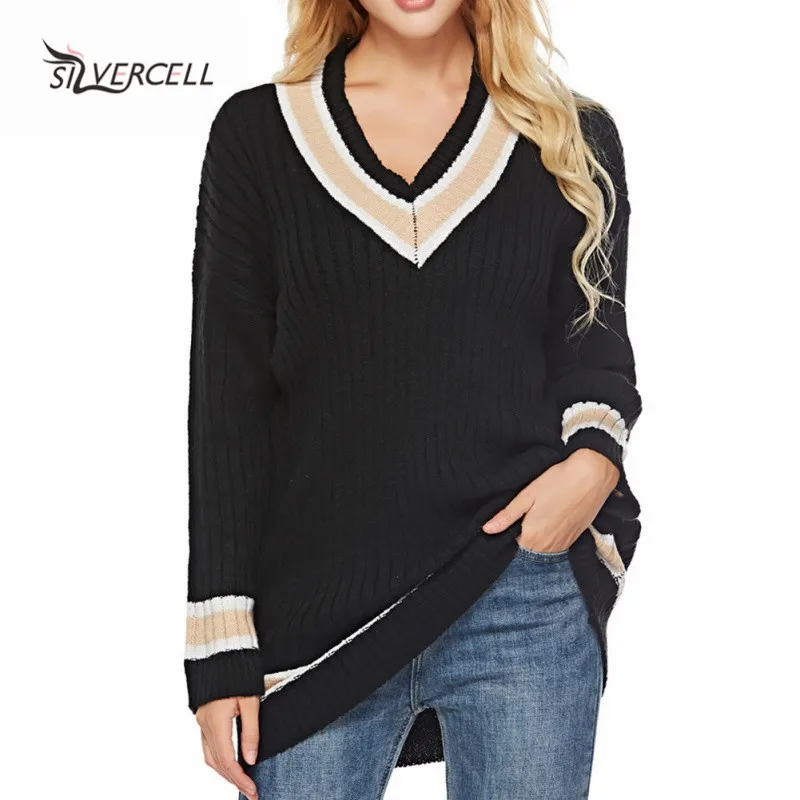

2019 Autumn New Knitted Sweater Women Long- Sleeved Jumpers V-Neck Casual Loose Pullover Stitching Color Girls Tops