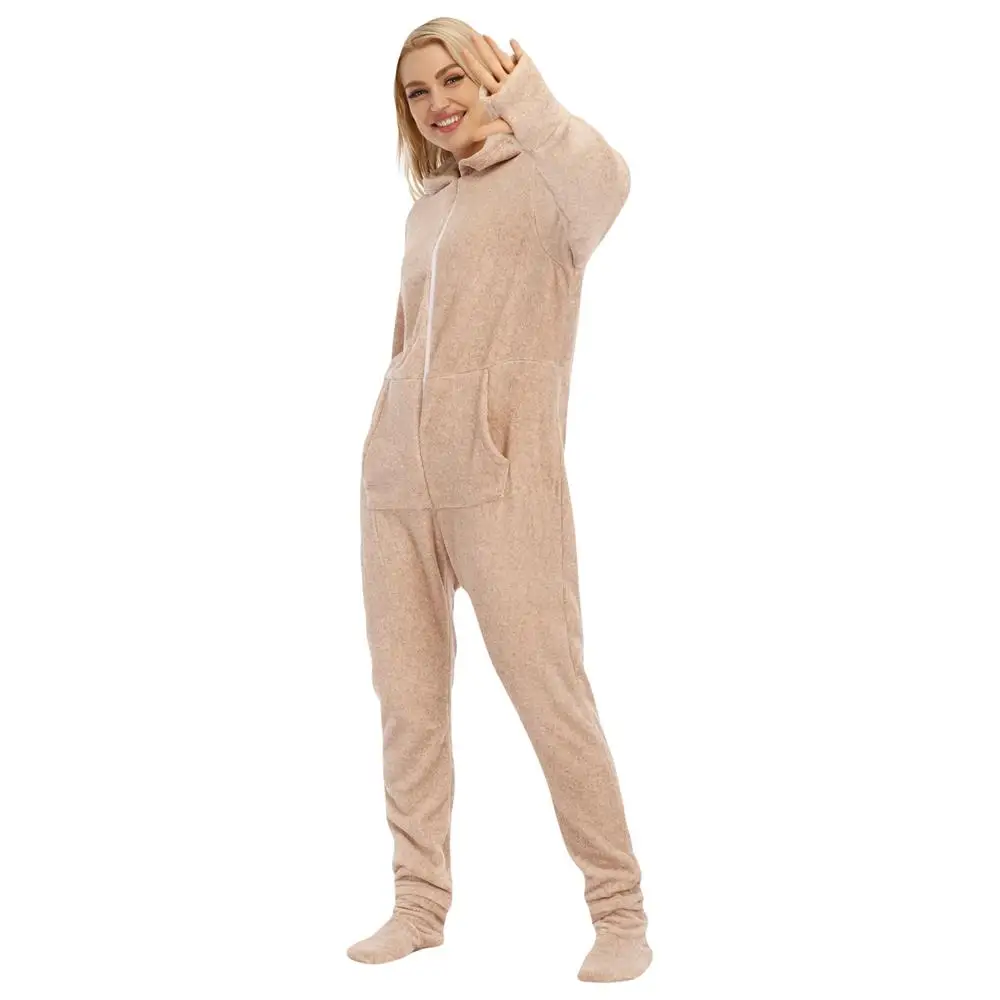 Jumpsuit Pyjamas For Adult Women Fluffy Fleece Sleepwear Winter Warm Onesies Solid Casual Foot Cover Overall Hood Rompers Sets