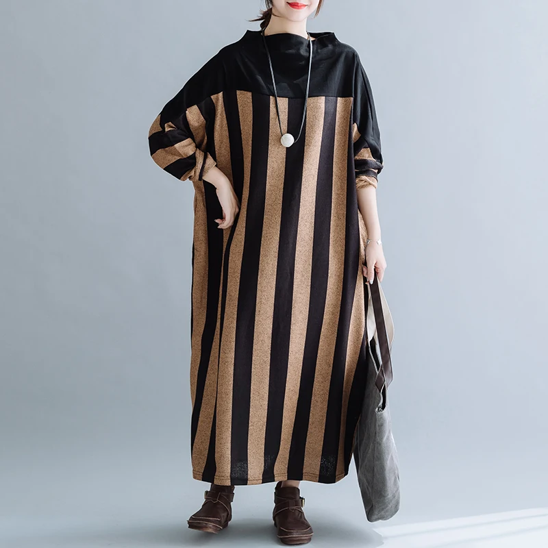 Черный ARCSINX/женские платья больших размеров 4XL 5XL 6XL 7XL 8XL в полоску с высоким воротником, женские платья на осень и зиму - Цвет: Черный