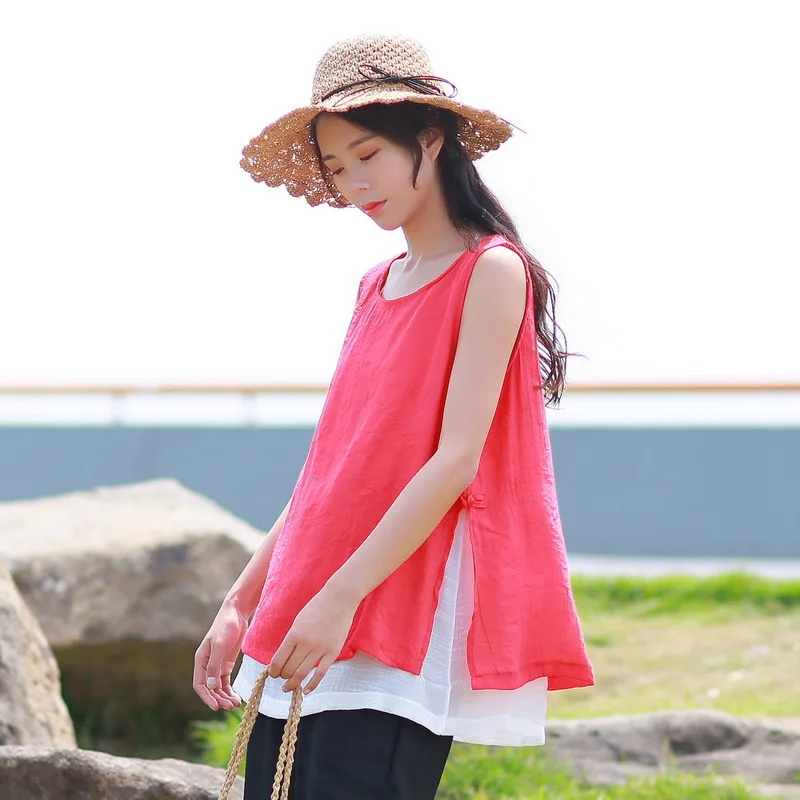 

2018 Double Layer Cotton Linen Base Vest Women's Summer New Style Sleeveless Shirt Literature And Art Chinese-style Camisole Km5