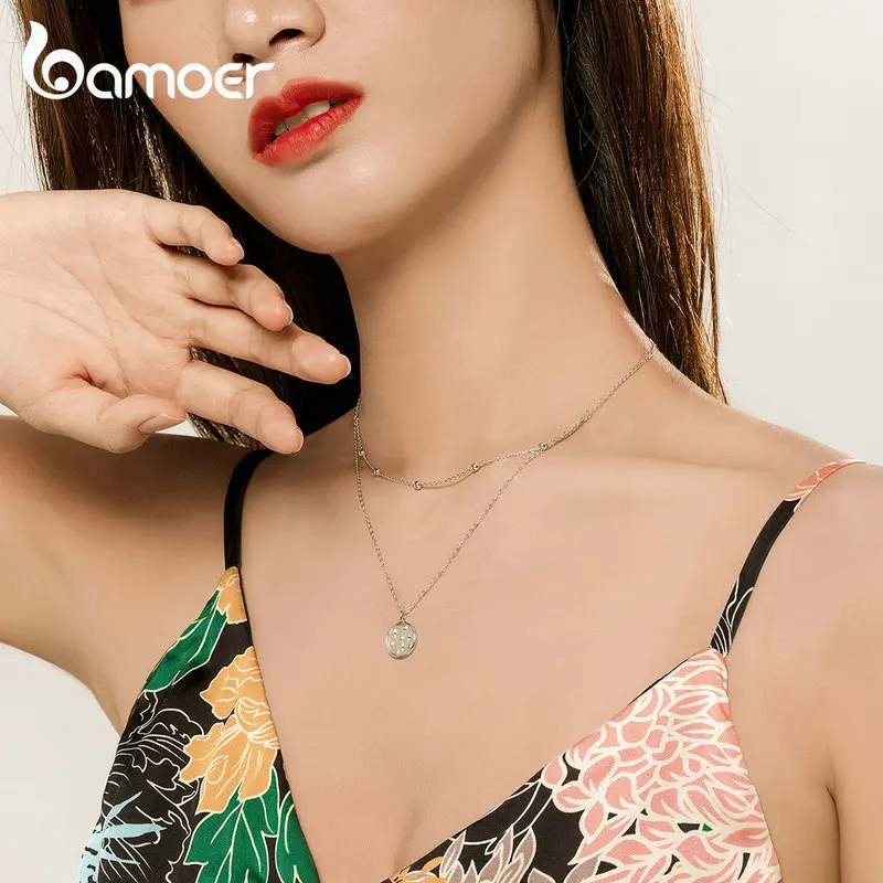 Günstig Bamoer Doppel Schicht Münze Halskette für Frauen Echtes 925 Sterling Silber Bead Kette Stern Halsketten Weibliche Feine Schmuck SCN365